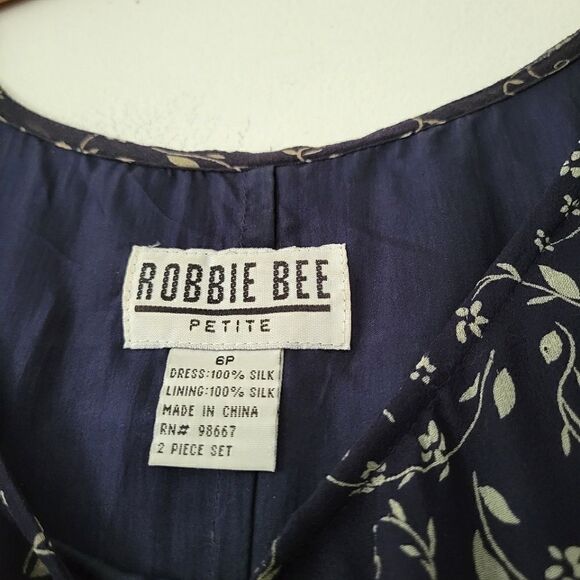 Vintage Robbie Bee Petites 100% Silk Dress Navy Blue Floral 6P - Picture 7 of 9